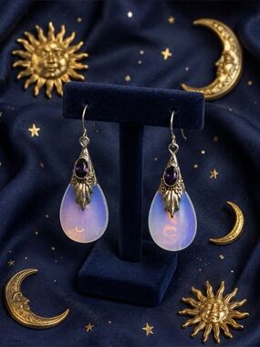 Earrings Opalite & Amethyst 925 Sterling Silver Dangle Drop Gemstone